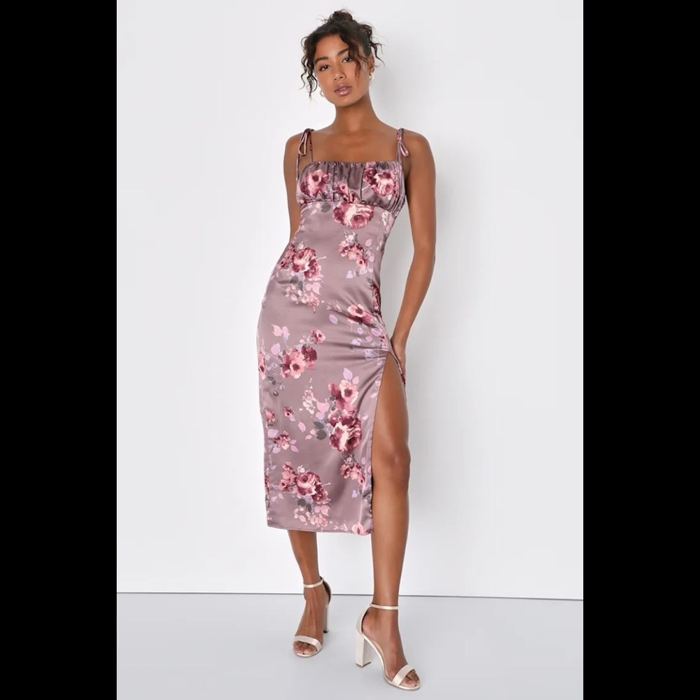 NWT LULUS Fleur-ty Behavior Mauve Floral Satin Tie-Strap Midi Dress